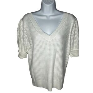 Les Serein Women's V-neck Pointelle Stitch Sweater Puff Sleeves Off-White Size L
